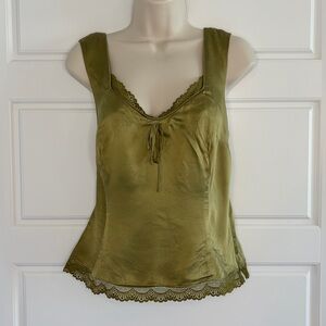 Beliza 100% Silk Lace Trim Camisole Slip Top Olive Green Chartreuse Coquette 10